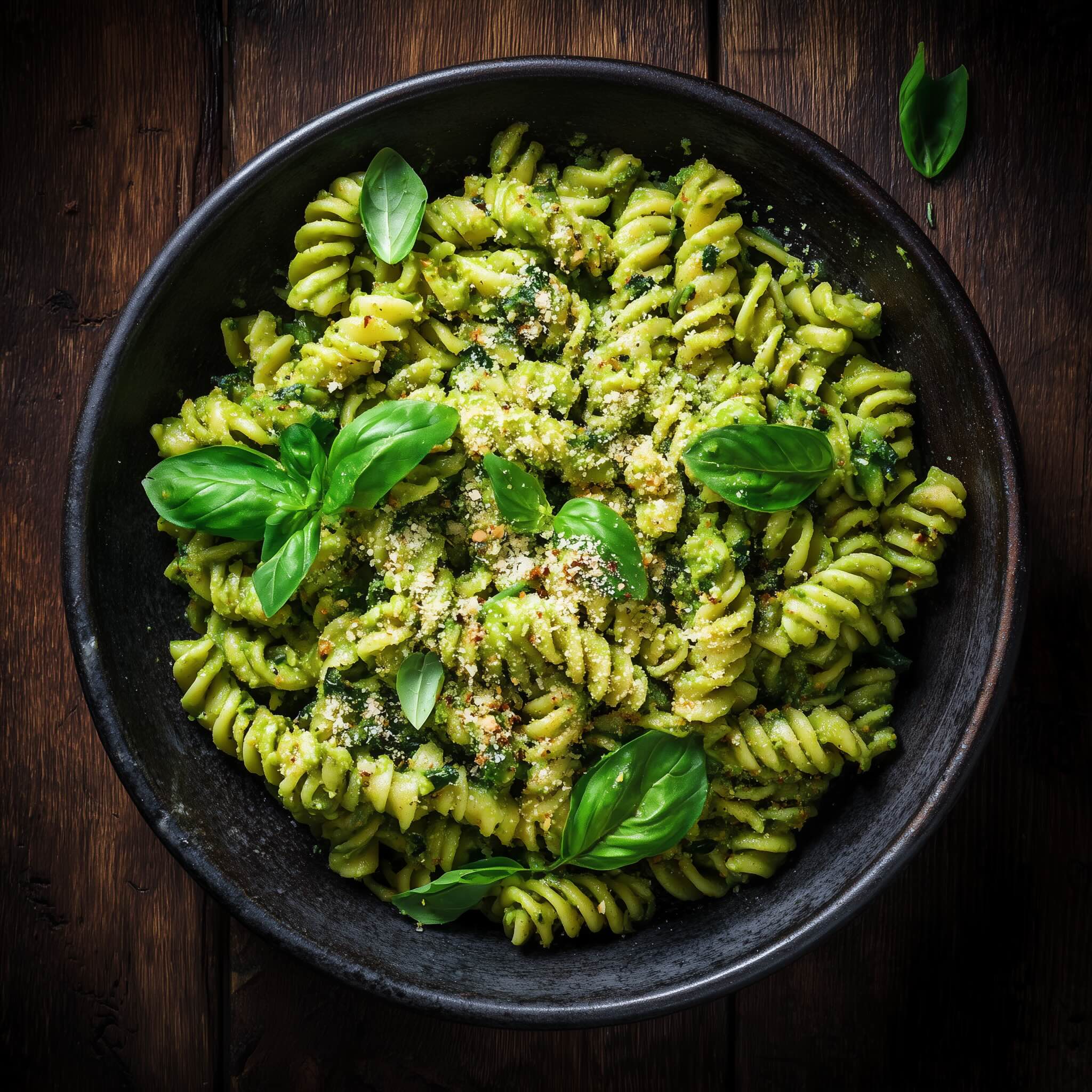 Overhead view of creamy spinach tofu pasta in a dark bowl on a wooden table