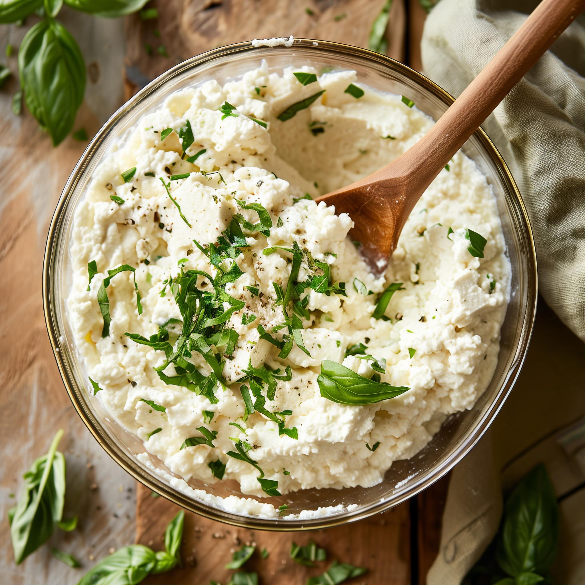 Creamy tofu ricotta filling mixed with fresh herbs in a glass bowl