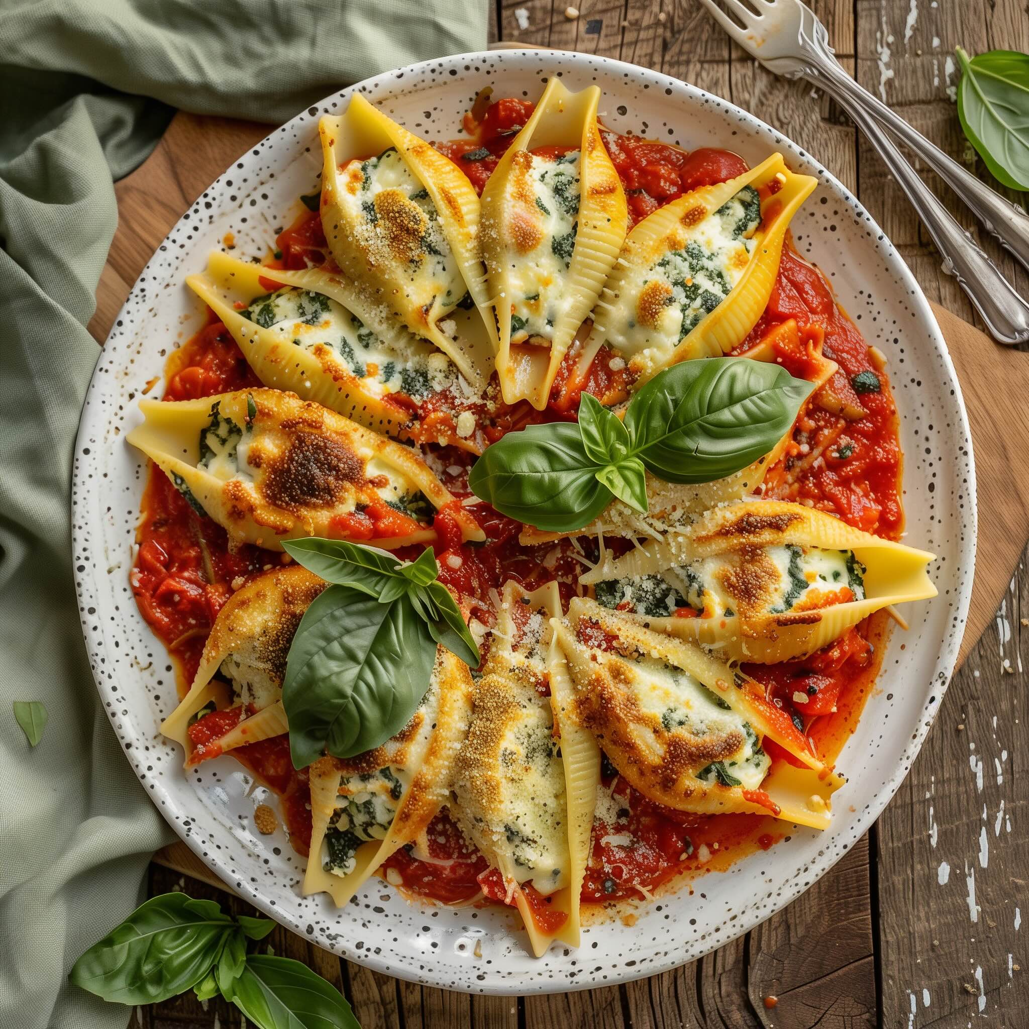 Tofu ricotta stuffed shells topped with marinara sauce and fresh basil on a white speckled plate