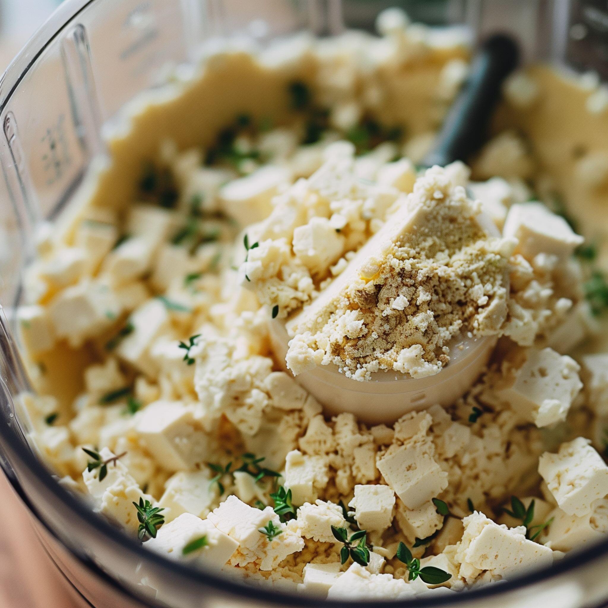 Tofu ricotta filling being blended in a food processor with fresh herbs