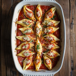 Stuffed pasta shells covered in marinara sauce in a baking dish before baking