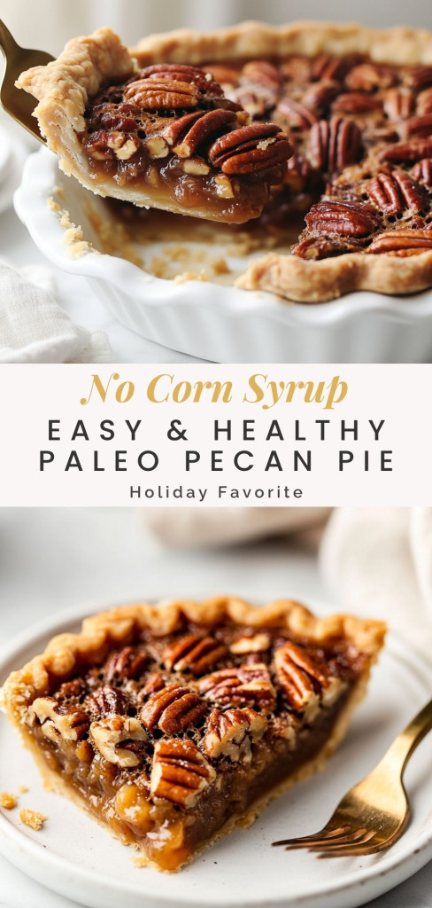 pinterest ready image of a paleo pecan pie without corn syrup