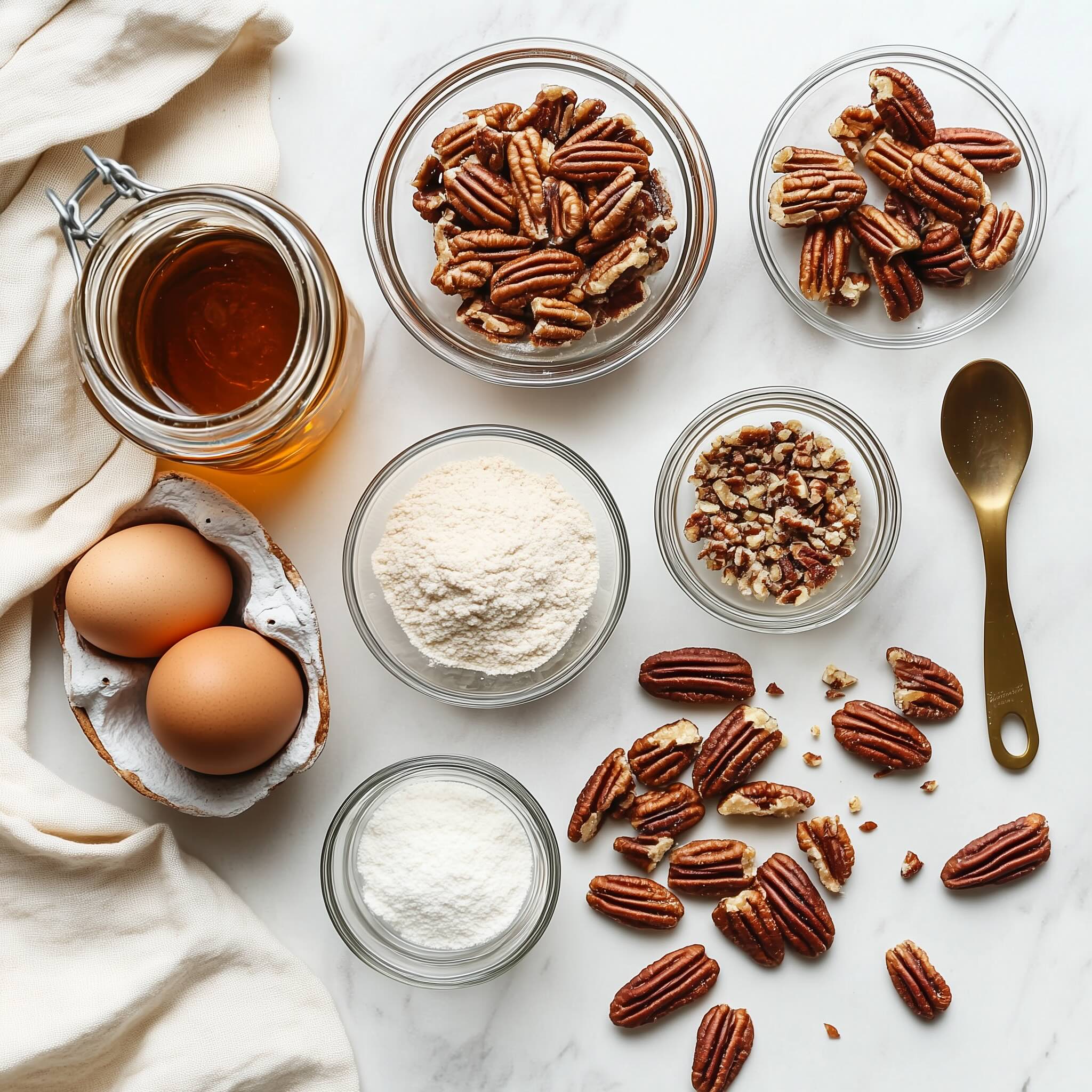 Ingredients for paleo pecan pie without corn syrup laid out in glass bowls including almond flour, maple syrup, coconut sugar, and pecans