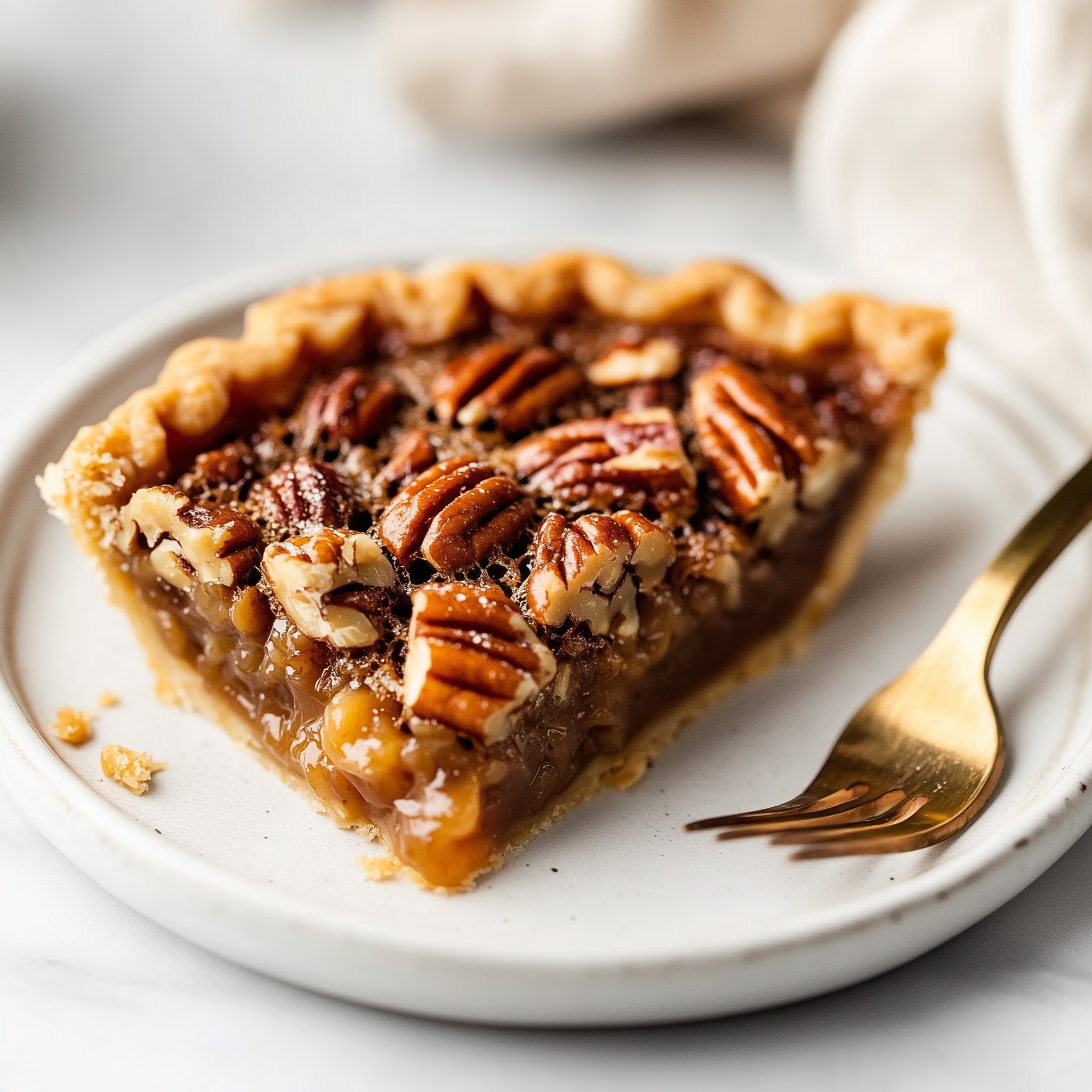 Slice of gluten-free dairy-free paleo pecan pie on a white plate showing the gooey maple filling and almond flour crust