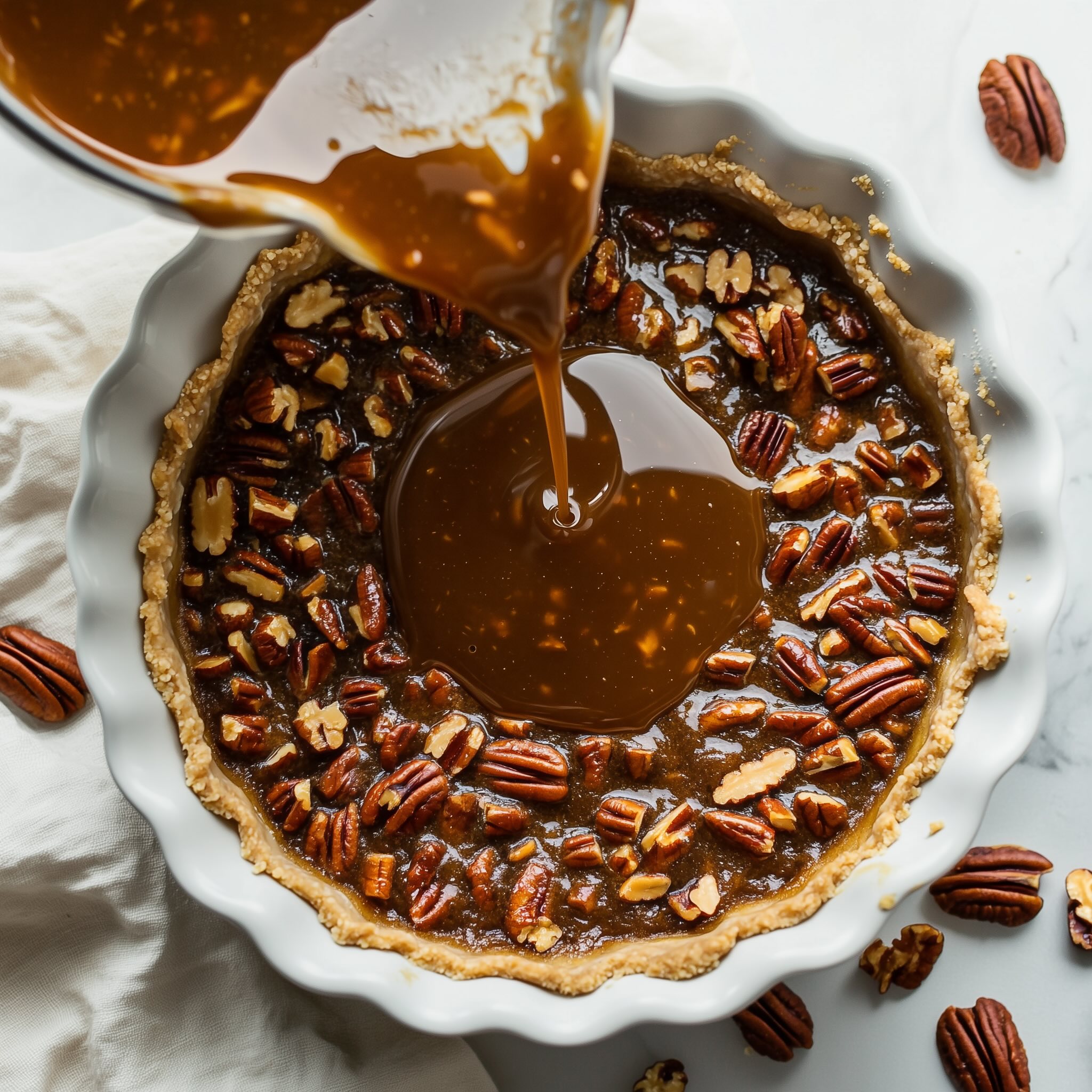 Pouring maple pecan filling into a par-baked almond flour crust for paleo pecan pie without corn syrup