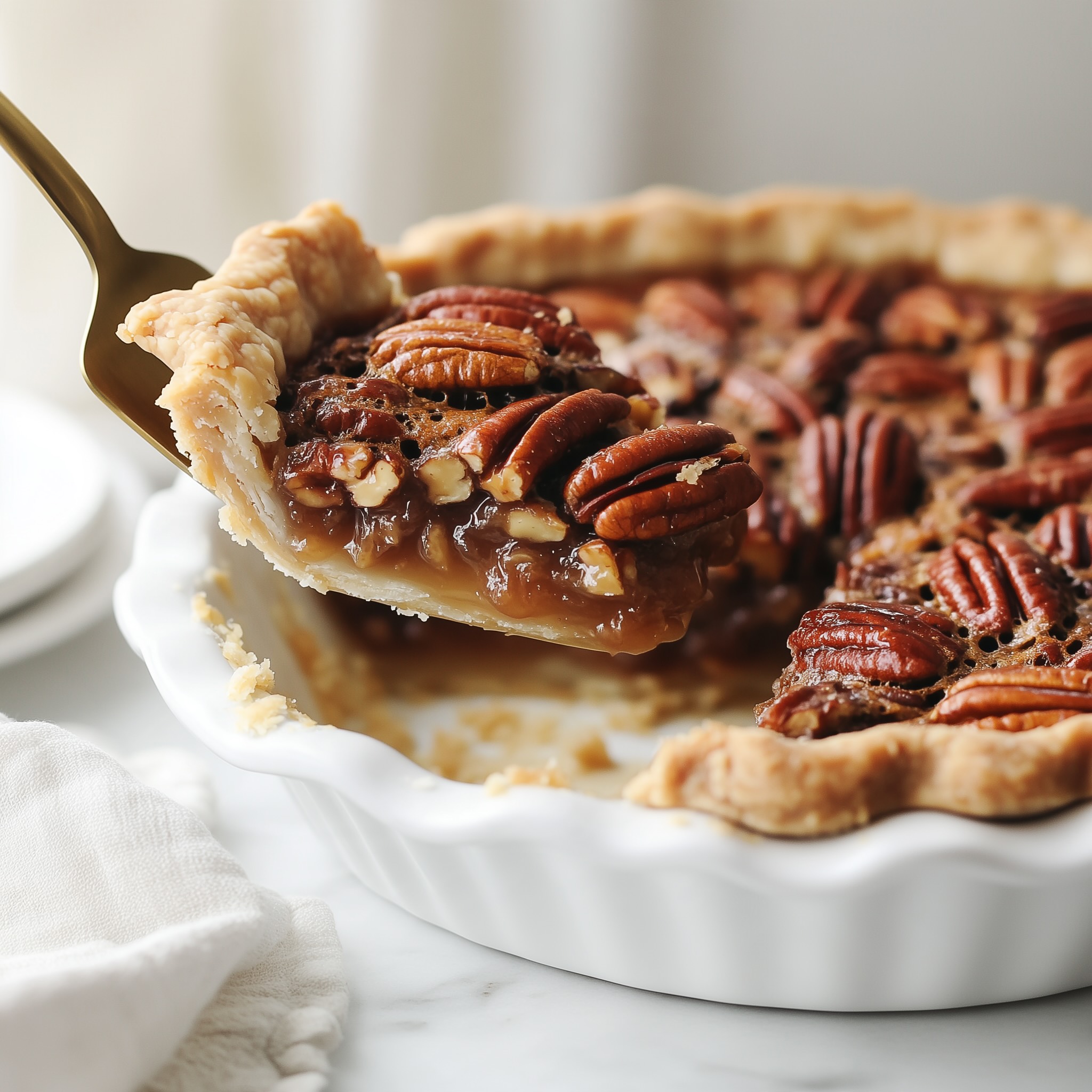 Lifting a clean slice of dairy free paleo pecan pie showing the set maple filling and grain free crust