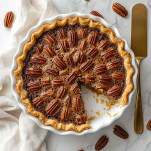 Whole paleo pecan pie without corn syrup in a white dish with one slice removed, showing gooey maple filling