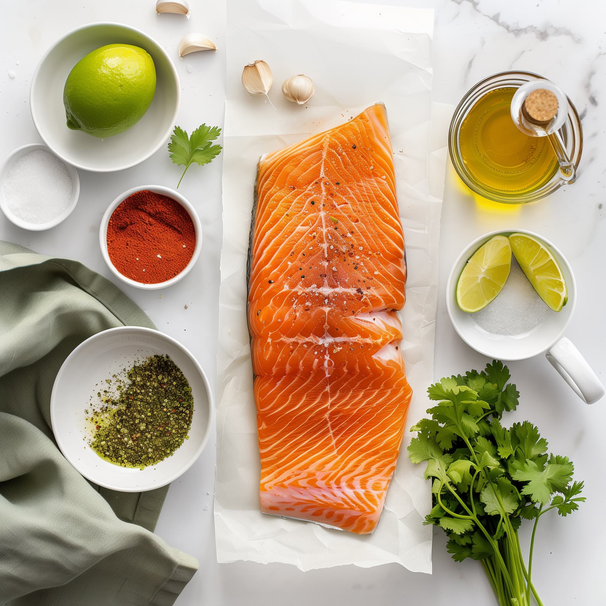 Ingredients for chili lime baked trout including raw steelhead trout, limes, avocado oil, chili powder, smoked paprika, cumin, and cilantro