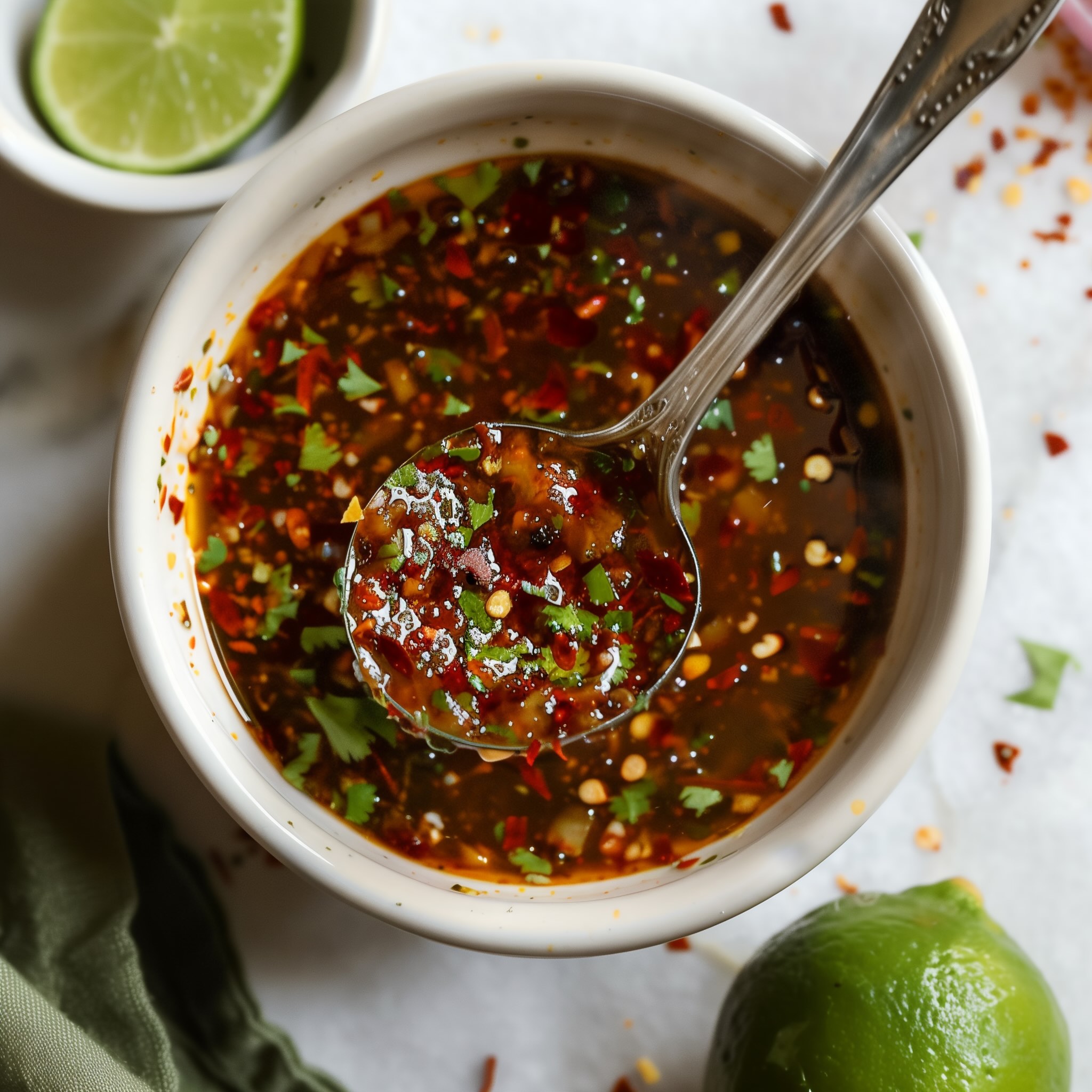 Chili lime marinade with lime zest and spices being whisked in a small white bowl