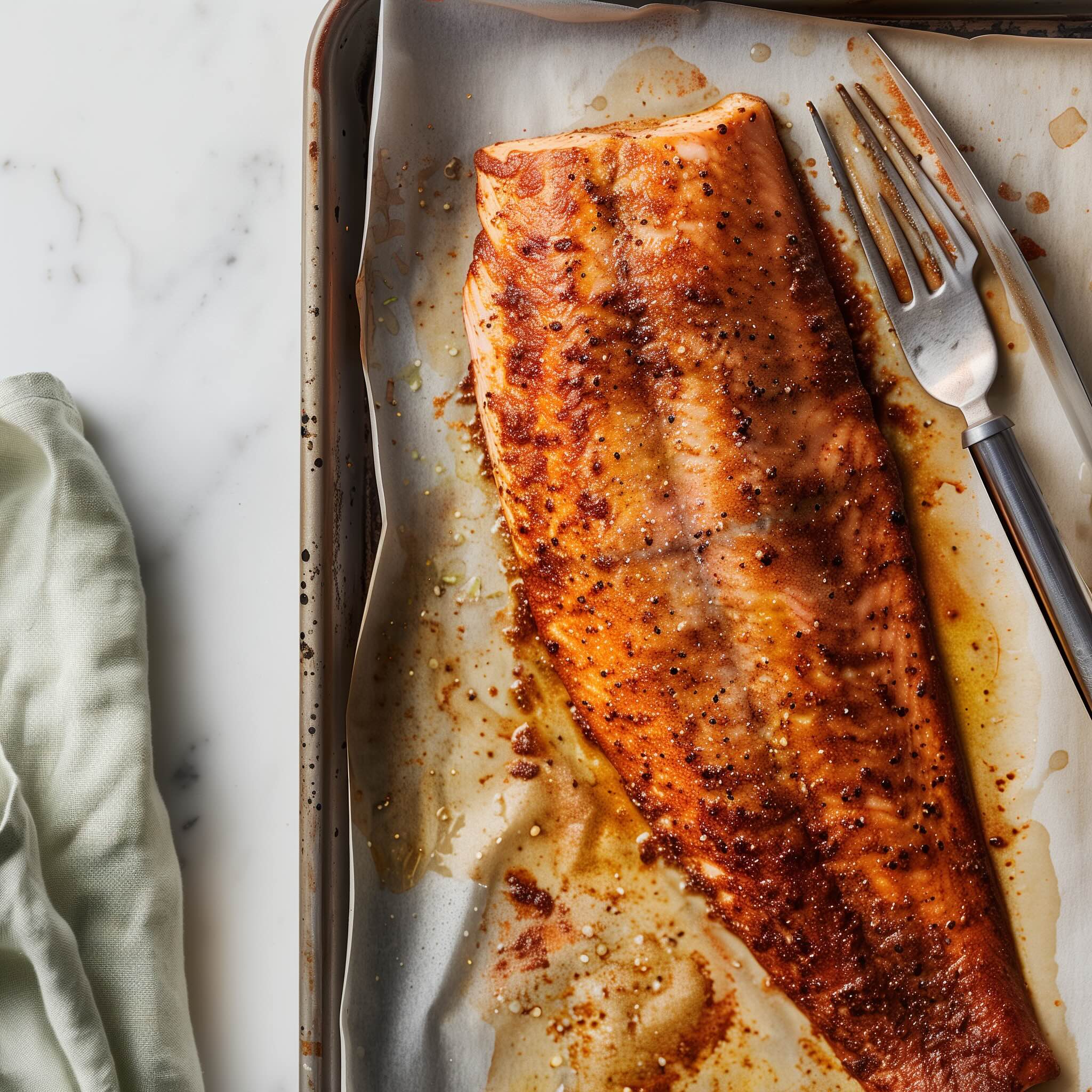 Baked chili lime trout fillet fresh out of the oven on a parchment lined sheet pan