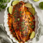 Chili lime baked trout fillet in a white ceramic dish topped with cilantro and surrounded by fresh lime wedges