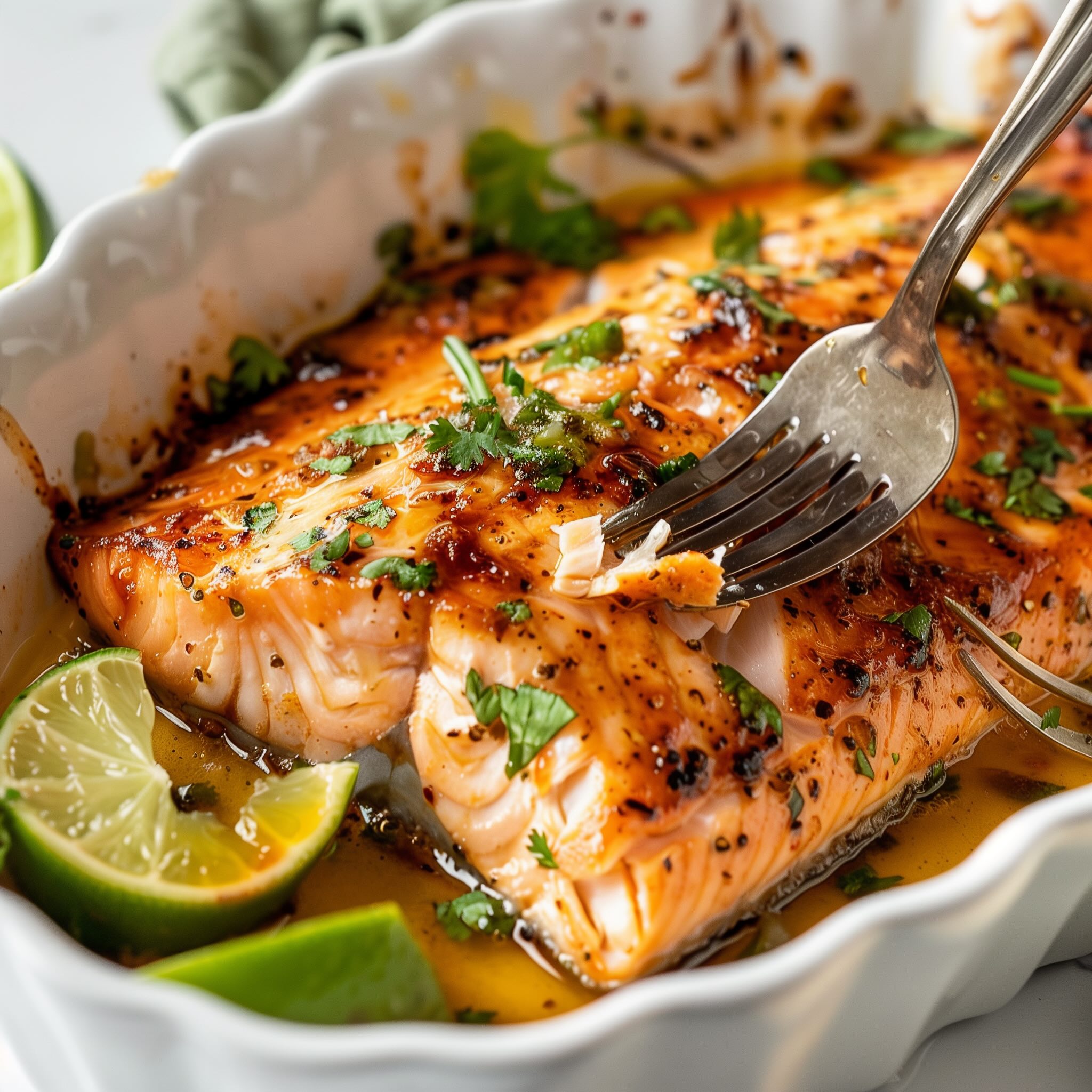 A fork flaking apart tender chili lime baked trout showing the moist pink flesh inside