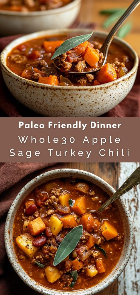 Recipe pin reading "Paleo Friendly Dinner: Whole30 Apple Sage Turkey Chili" above two bowls of chunky turkey chili topped with fresh sage