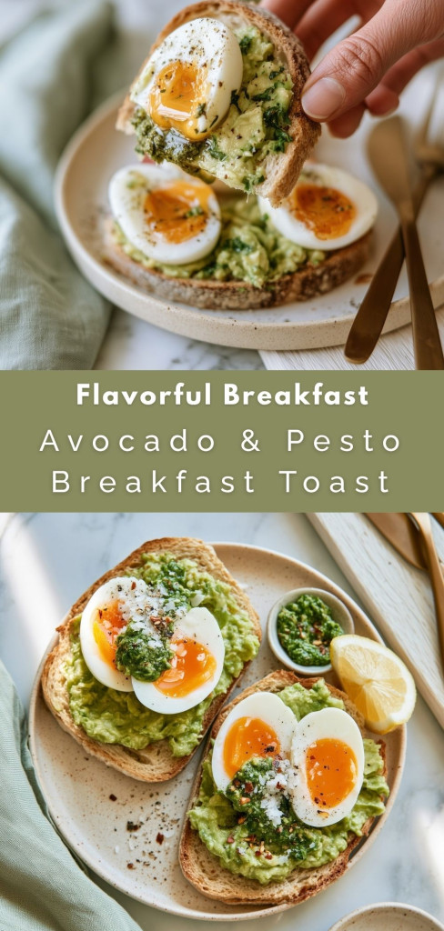 pinterest-ready image of two pieces of avocado and pesto breakfast toasts on a plate