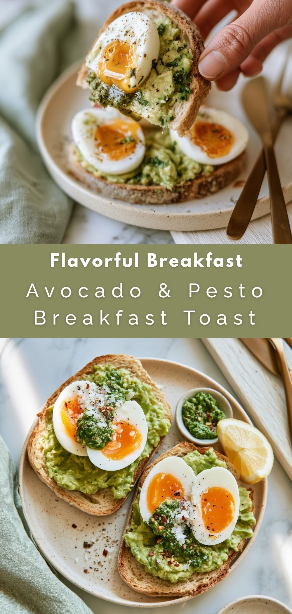 pinterest-ready image of two pieces of avocado and pesto breakfast toasts on a plate