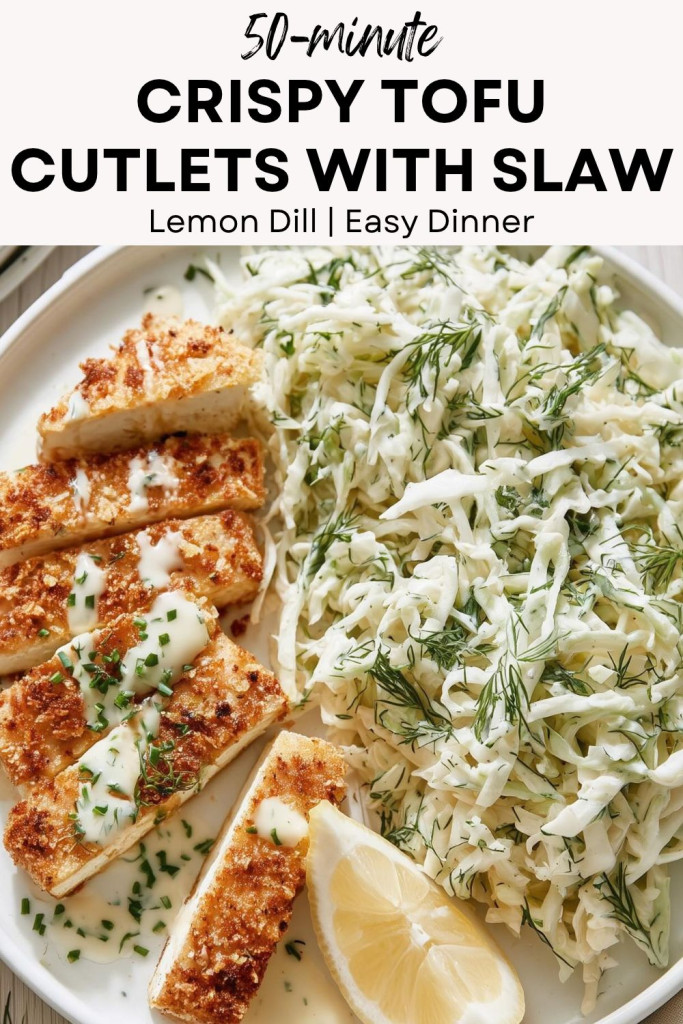 pinterest-ready image of a plate of crispy tofu cutlet strips with lemon dill cabbage slaw