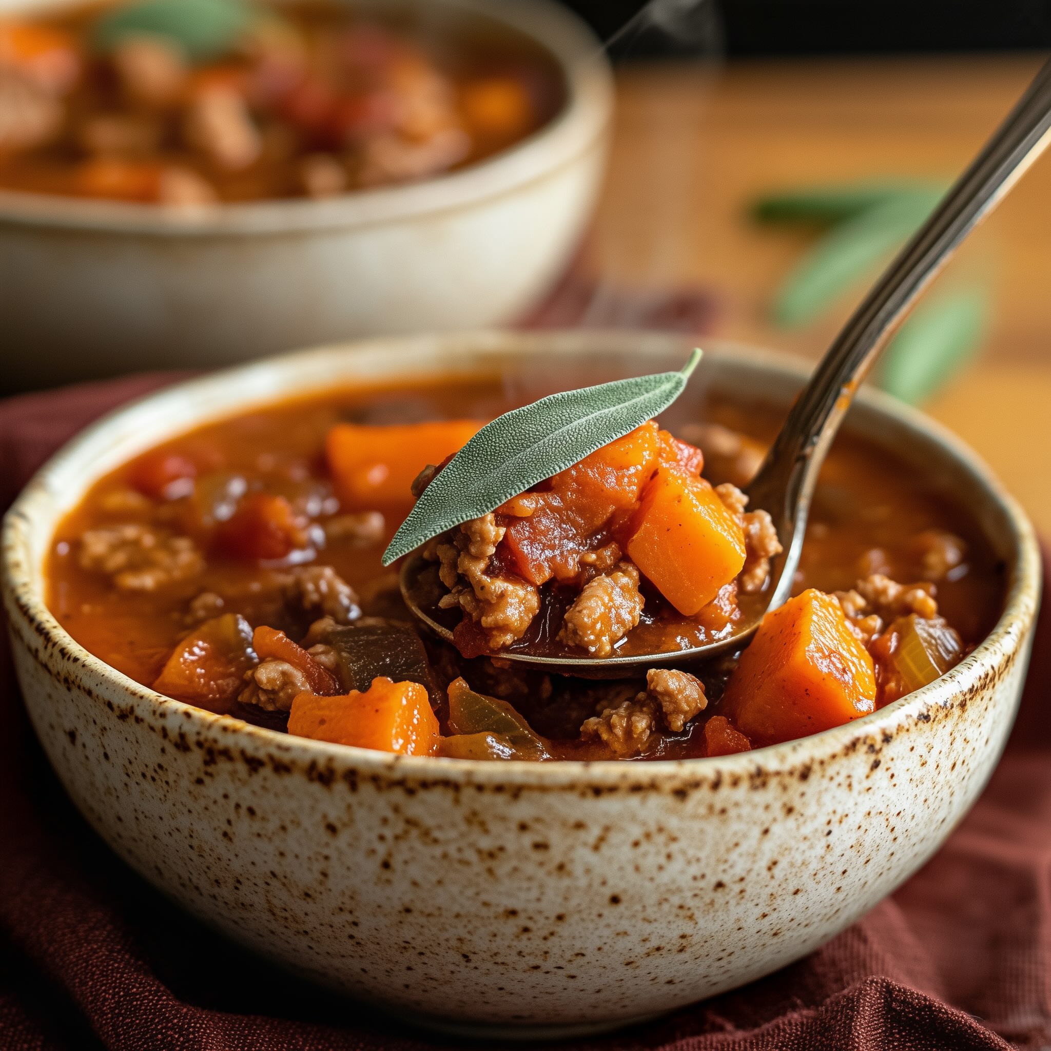 Close up of paleo apple sage turkey chili showing tender sweet potato and apple chunks