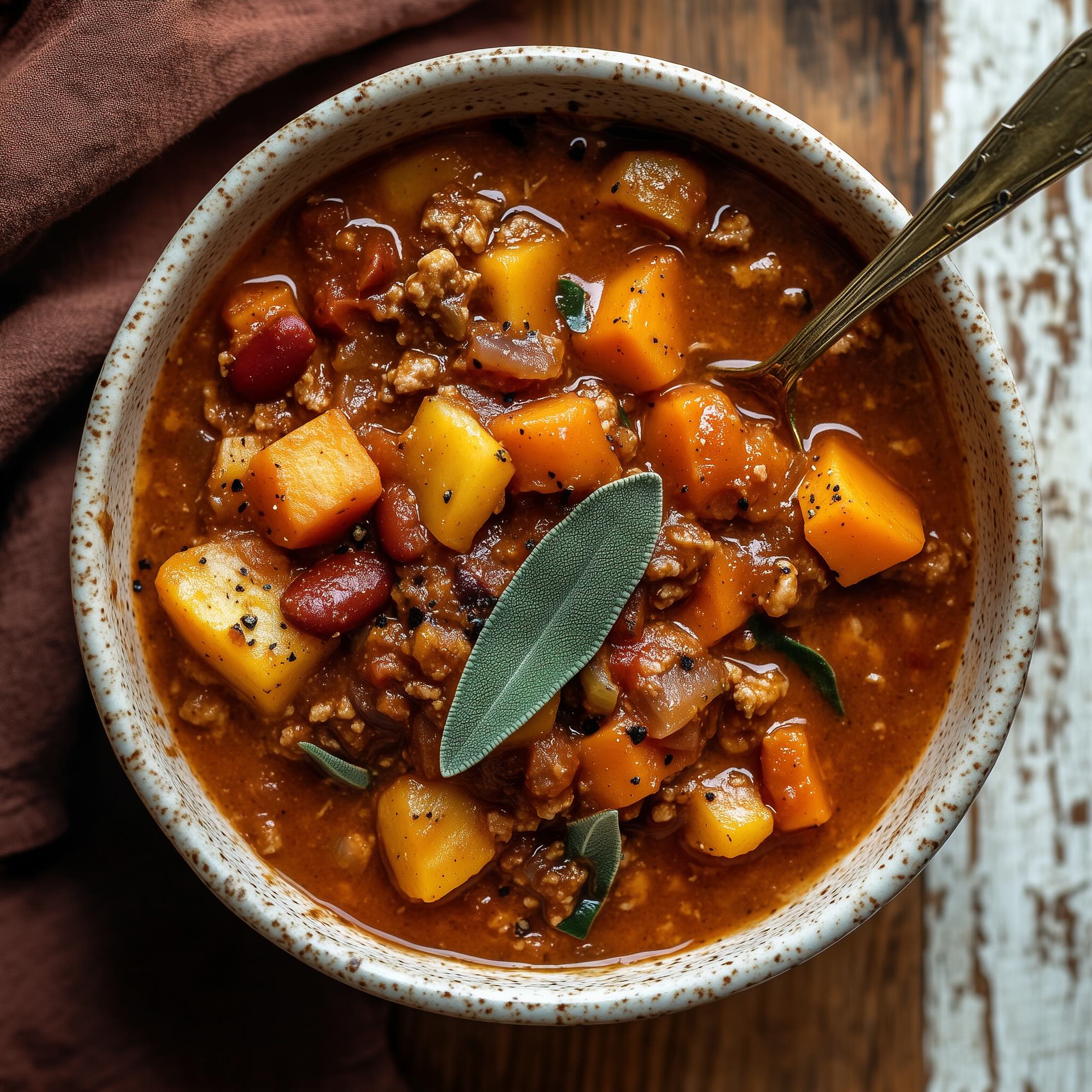 Apple sage turkey chili in a cream stoneware bowl with sweet potatoes, carrots and fresh sage