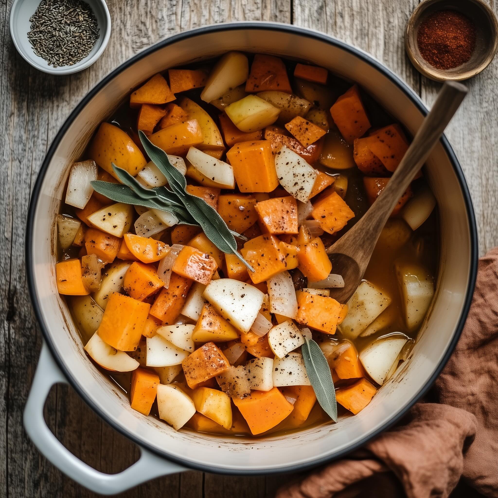 Diced apples, sweet potatoes and carrots cooking with sage and cinnamon in a Dutch oven
