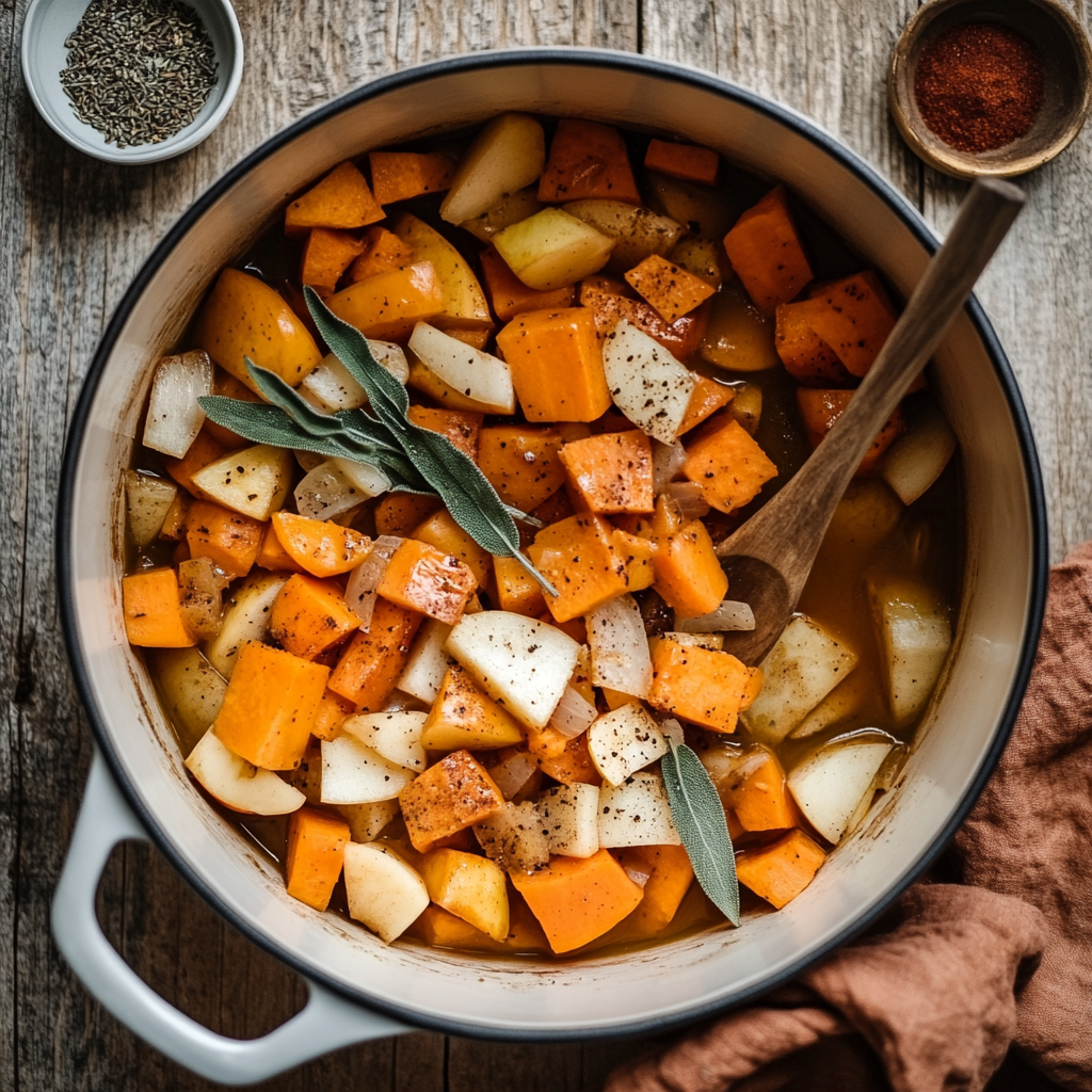 Diced apples, sweet potatoes and carrots cooking with sage and cinnamon in a Dutch oven