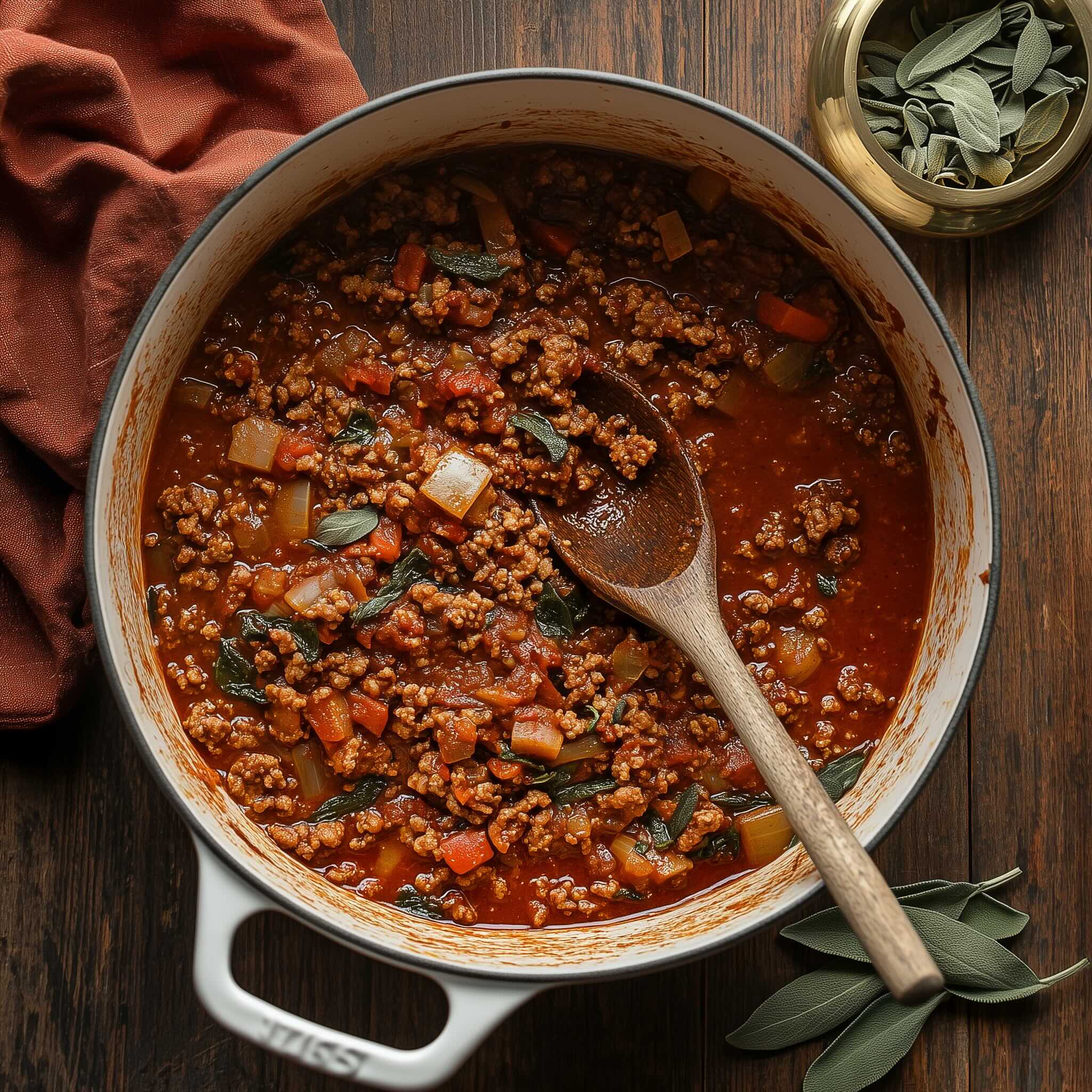 Tomato paste and chili powder stirred into browned turkey and vegetables