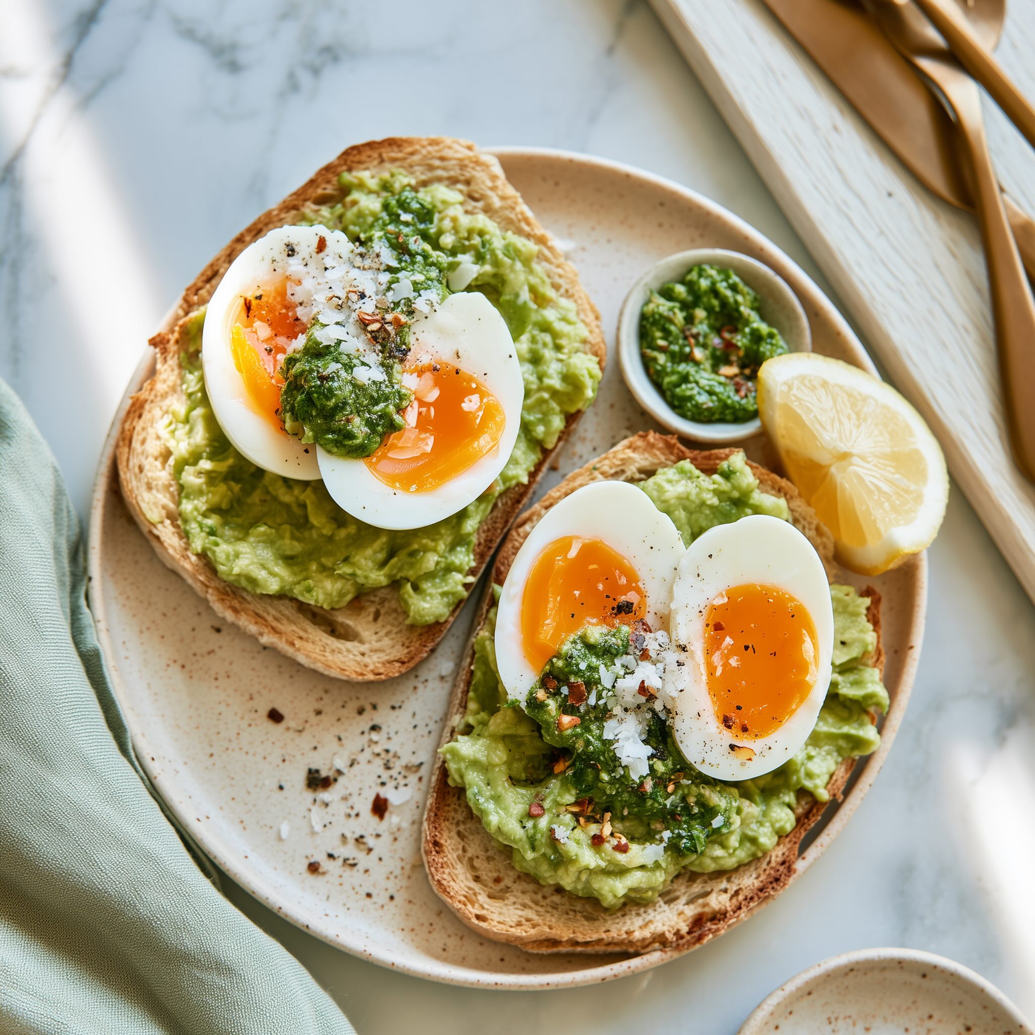 Two slices of avocado toast topped with jammy egg halves and basil pesto on a cream plate