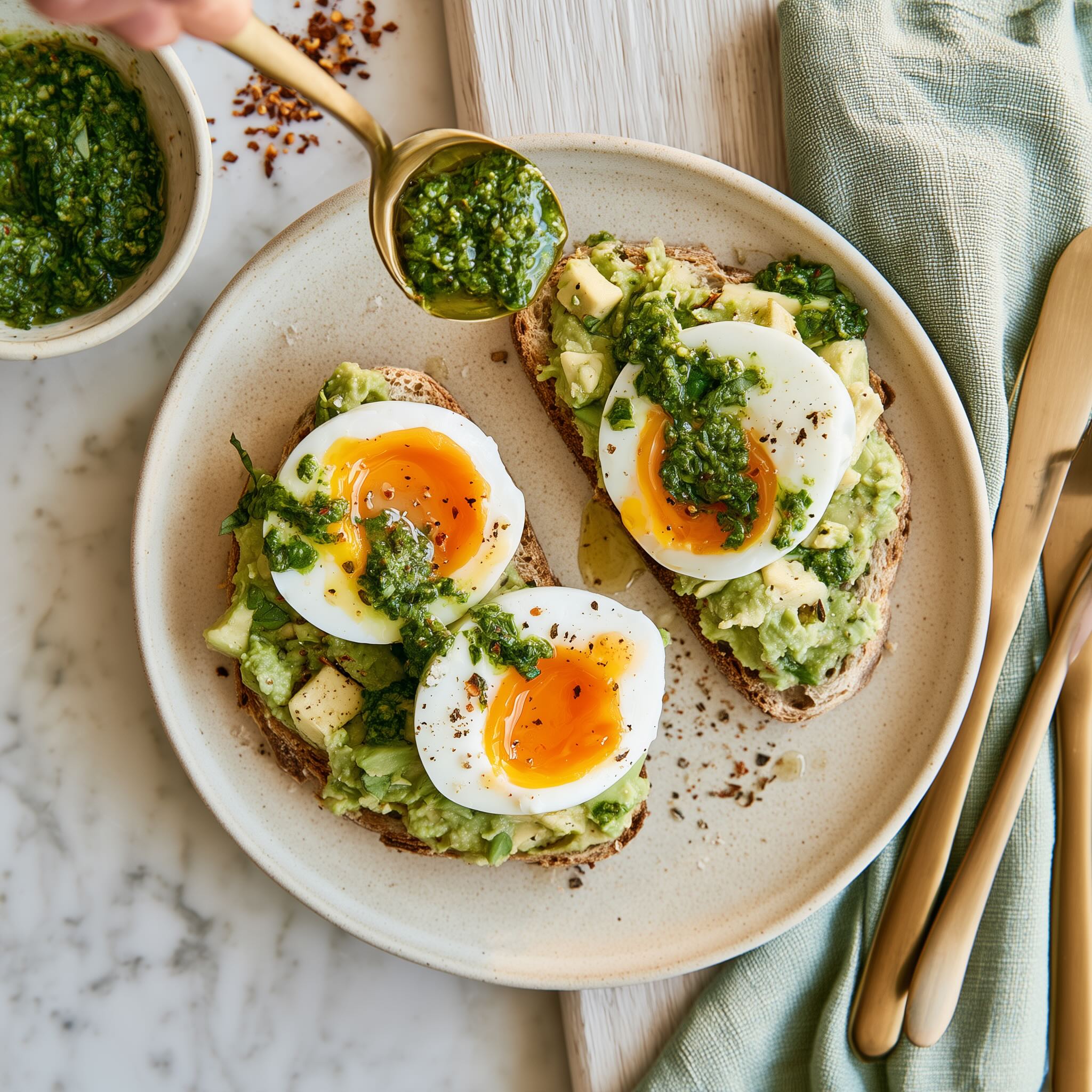Spoon drizzling basil pesto over jammy eggs on avocado toast