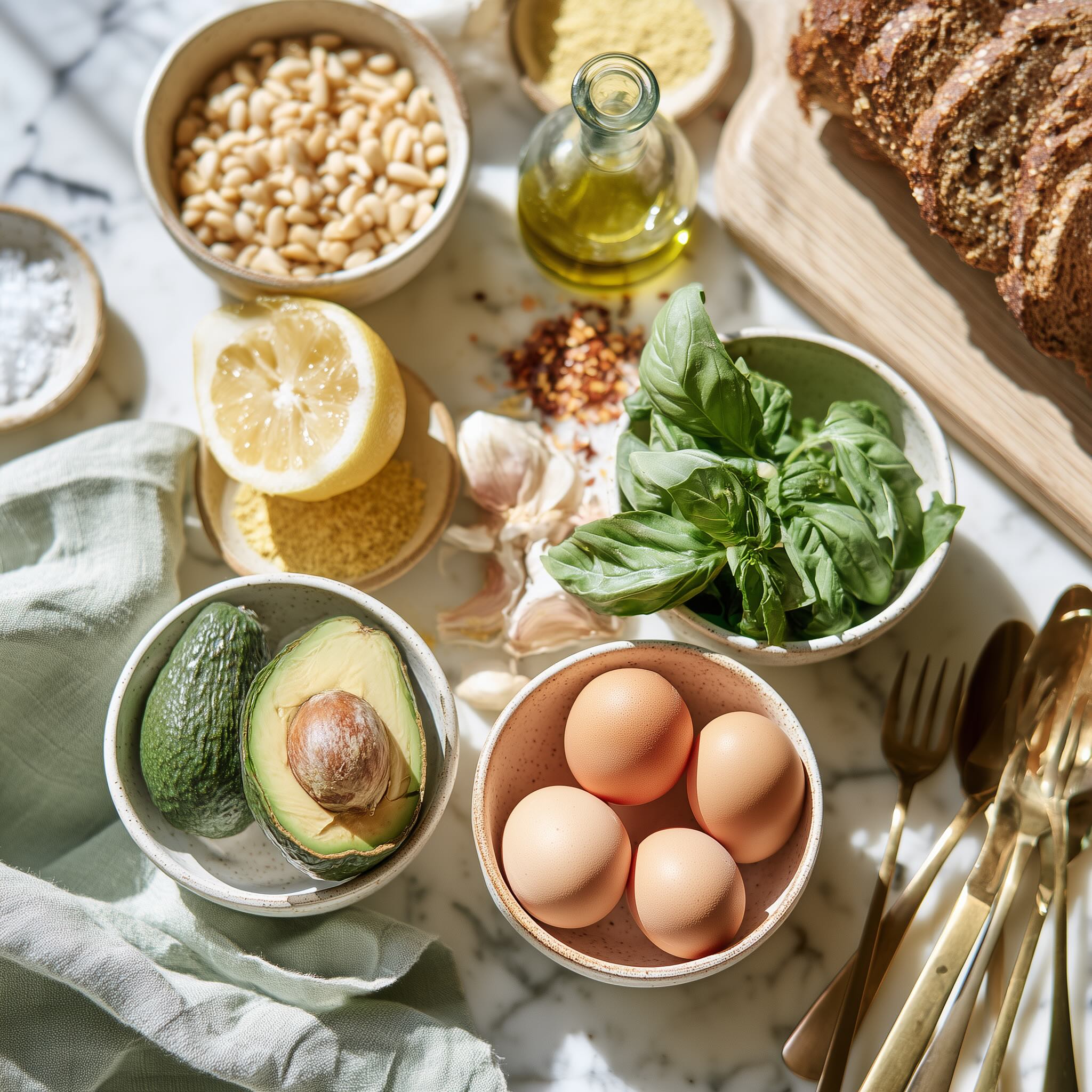 Avocado, eggs, basil, pine nuts, garlic, lemon, olive oil and paleo bread arranged on marble