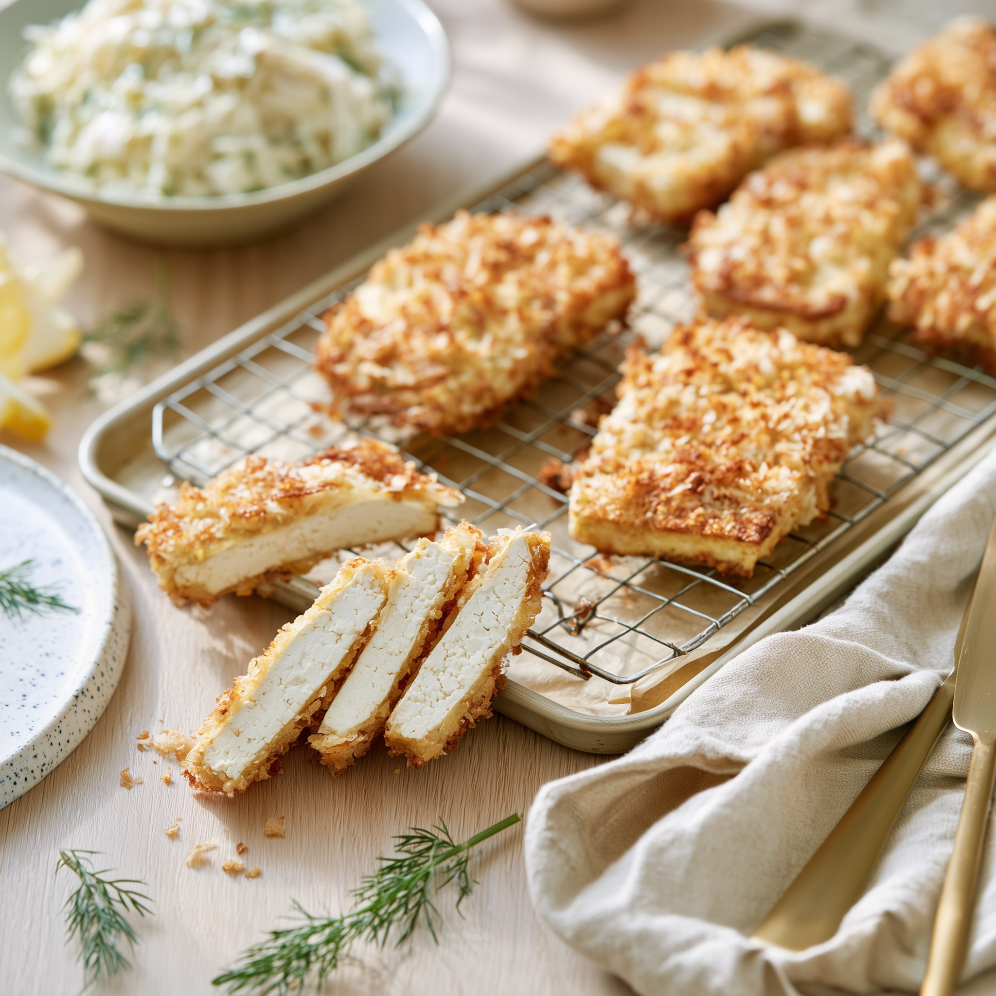 Golden baked tofu cutlets on a wire rack, one cut in half to show the tender inside