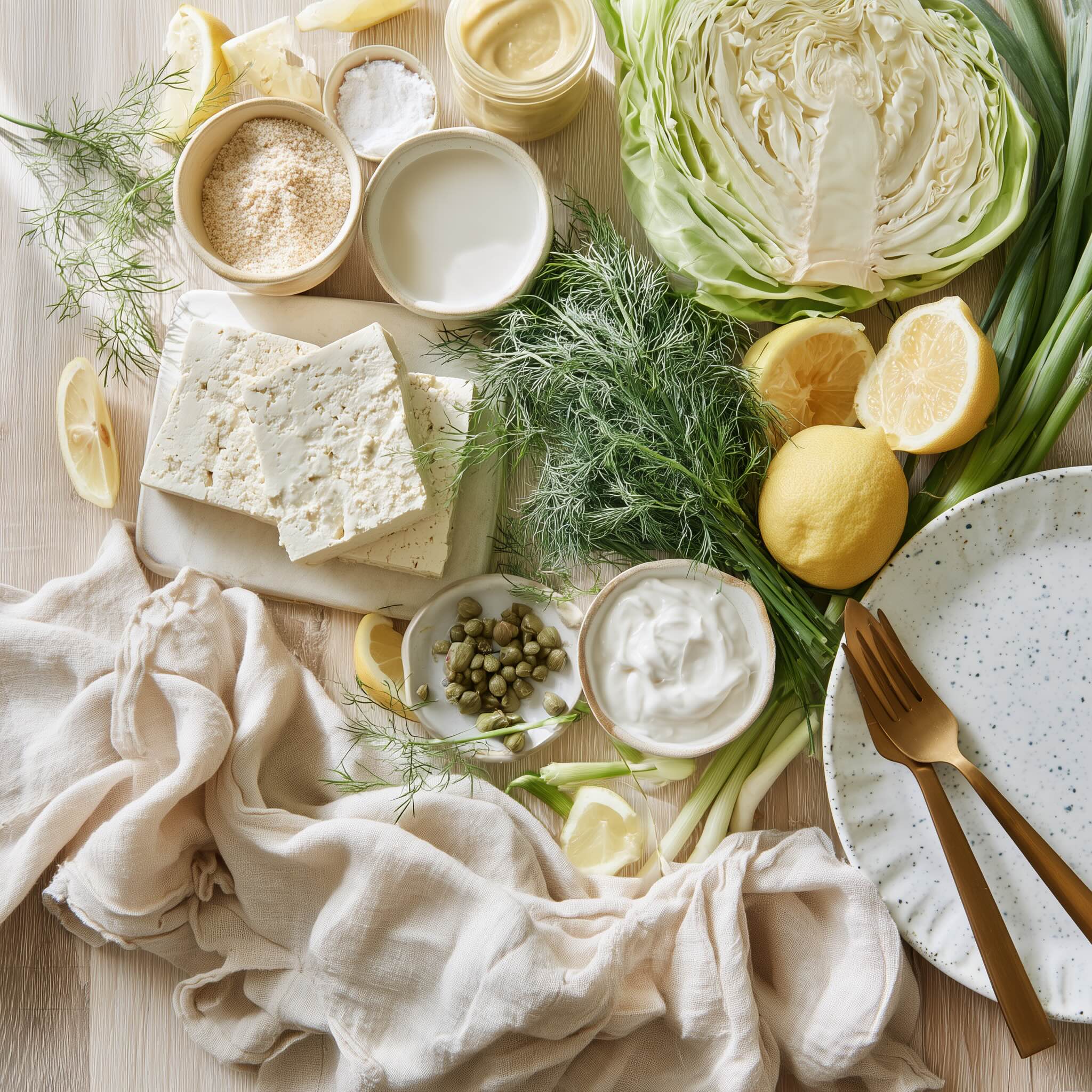 Ingredients for crispy tofu cutlets and lemon dill slaw, including tofu, panko, cabbage, dill, lemon and yogurt