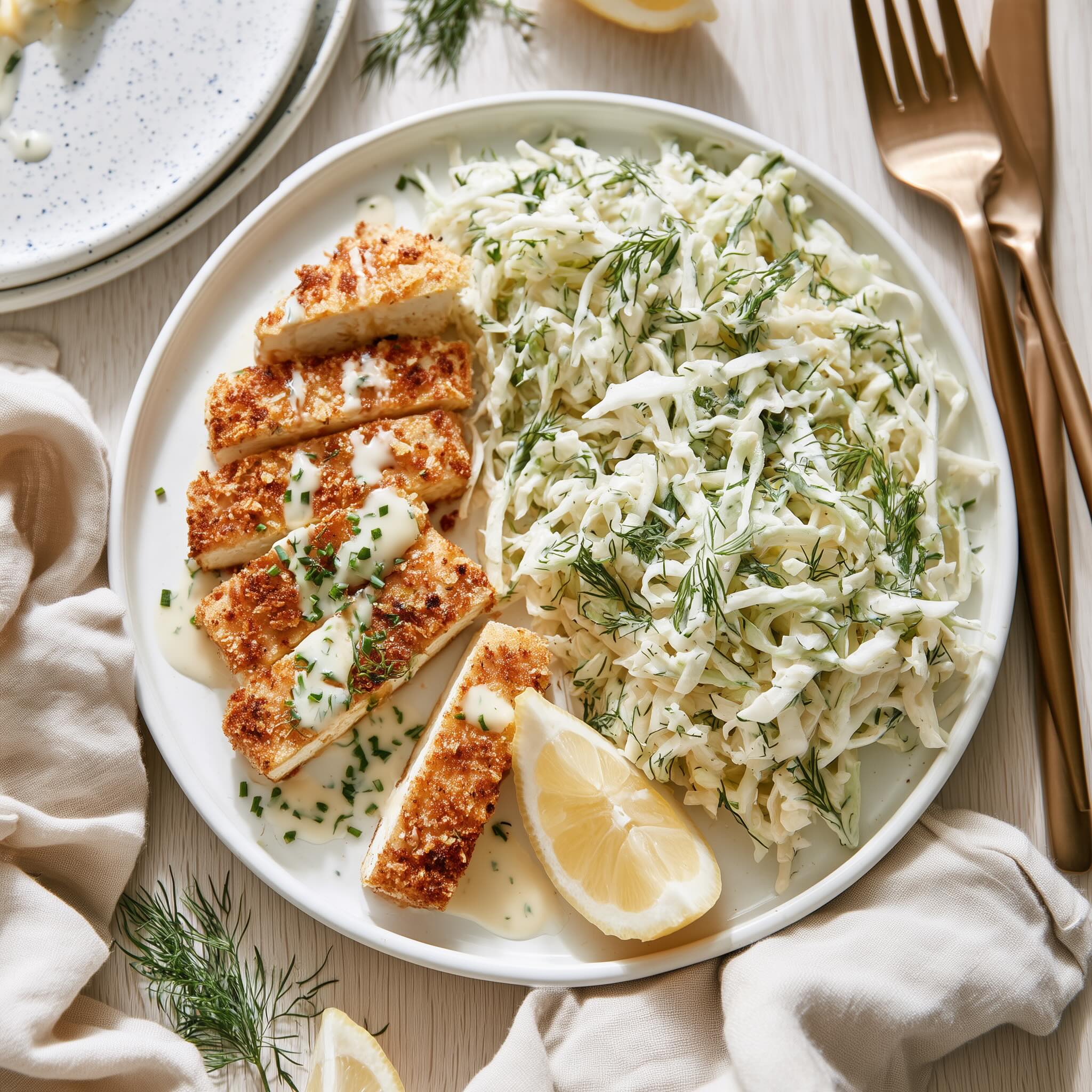 Sliced crispy tofu cutlets with lemon dill cabbage slaw and a creamy drizzle on a speckled white plate