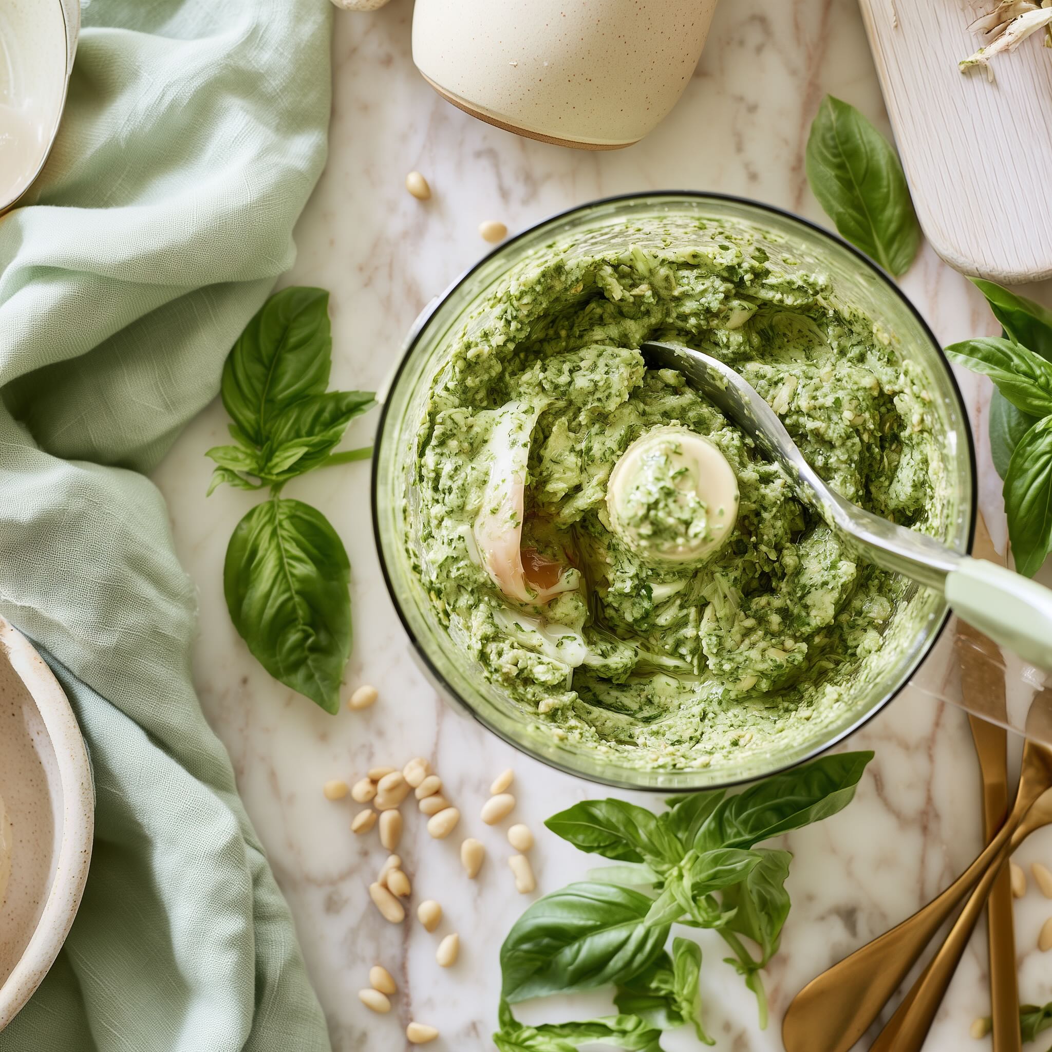 Freshly blended dairy-free basil pesto in a small food processor bowl