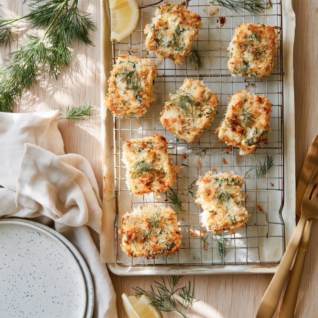 Eight golden, crispy baked tofu cutlets on a wire rack set over a parchment-lined sheet pan