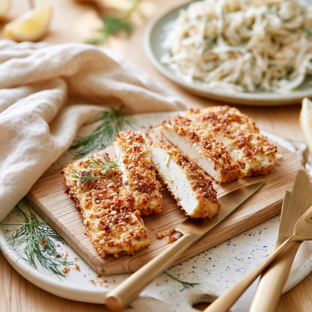 Crispy tofu cutlet sliced into strips on a wooden board, showing the crunchy panko crust
