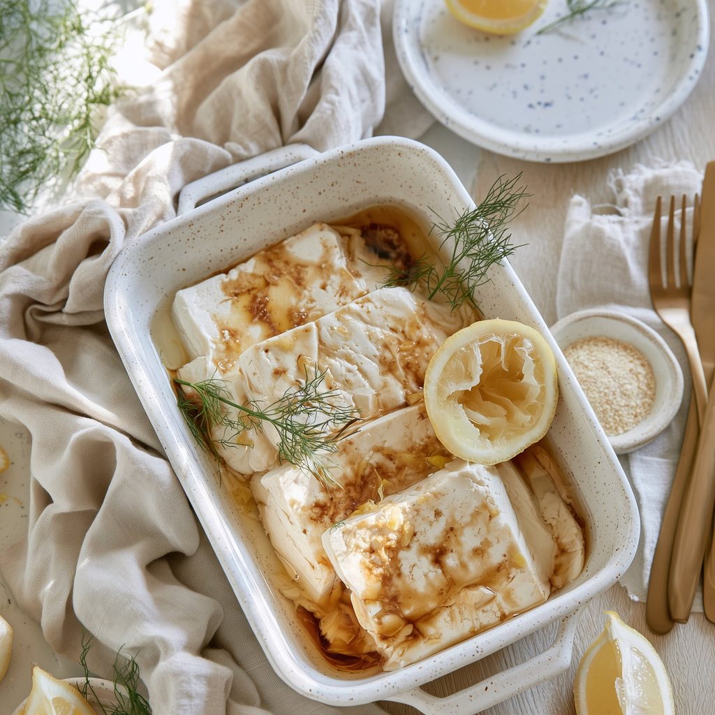 Tofu slabs soaking in a tamari and lemon marinade in a shallow speckled dish