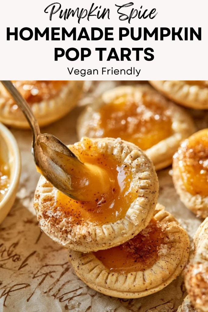 pinterest-ready image of glazed pumpkin pop tarts layered with parchment