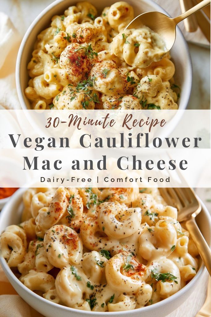 pinterest-ready image of vegan cauliflower mac and cheese in a white bowl topped with smoked paprika and chopped parsley