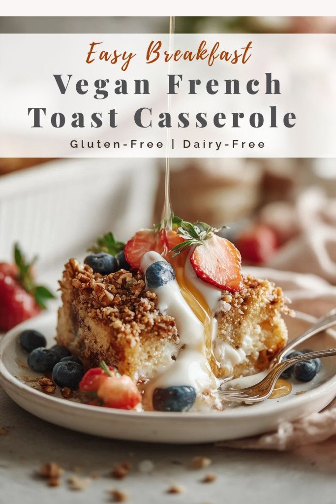pinterest-ready image of a slice of gluten-free French toast casserole on a white plate with berries and coconut yogurt