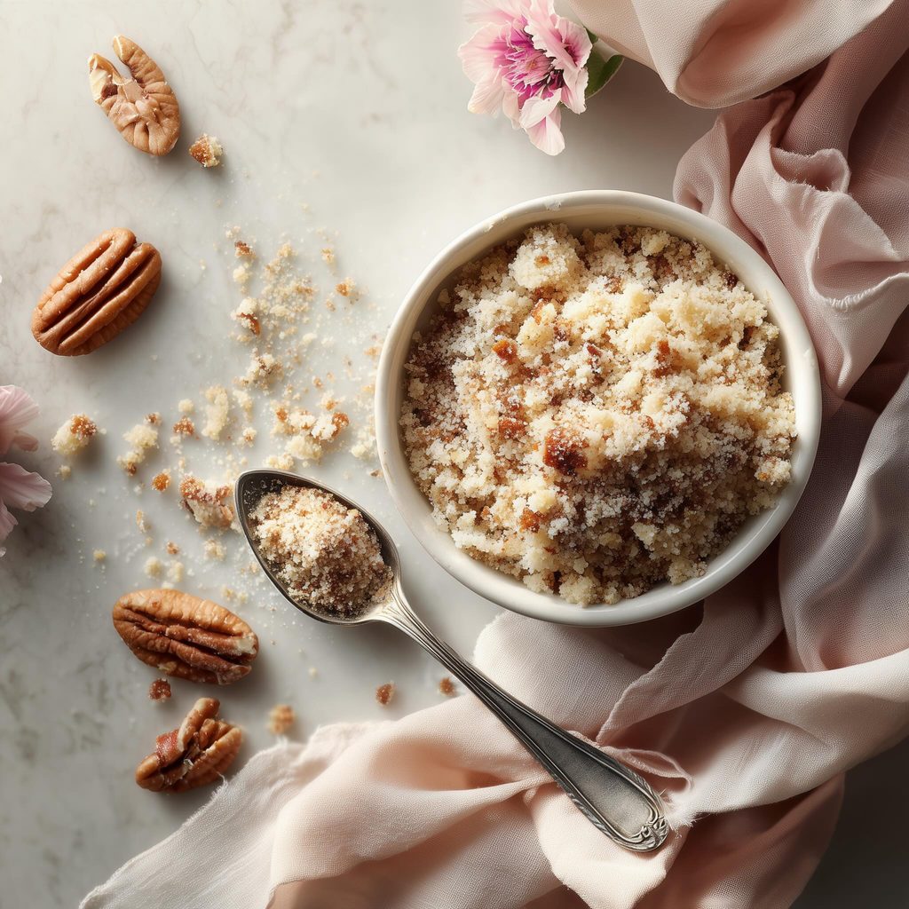 Almond flour and pecan crumble topping in a small white bowl