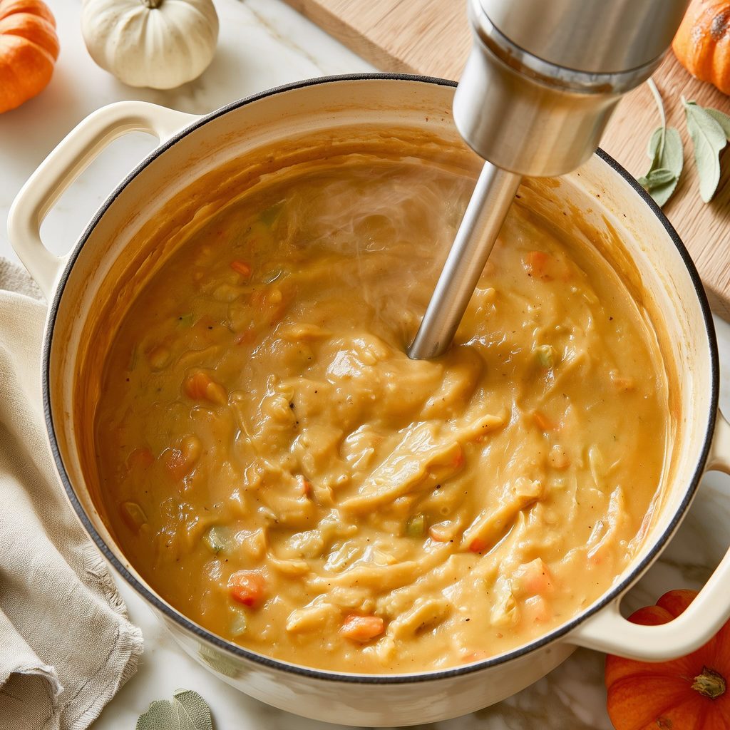 Immersion blender pureeing pumpkin soup in a cream Dutch oven