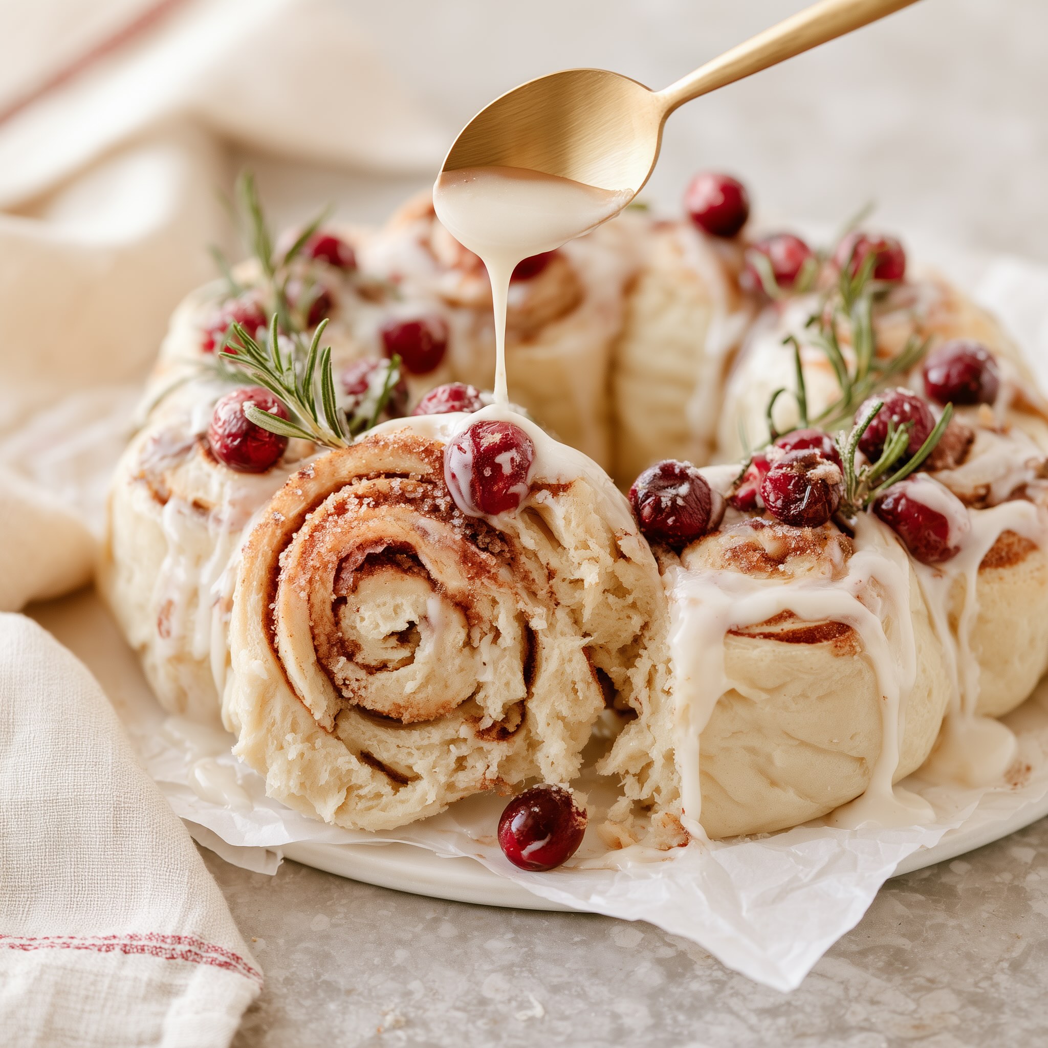 Spoon drizzling white glaze over a gluten-free cinnamon roll wreath with one roll pulled away