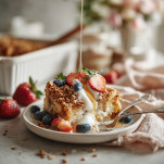 Slice of gluten-free French toast casserole on a white plate with berries and coconut yogurt