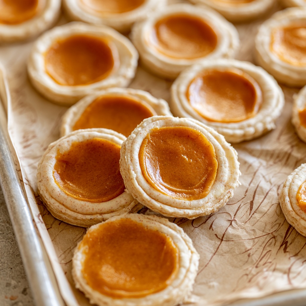 Round speckled pastry circles on a baking sheet, each with a flat disk of pumpkin filling in the center
