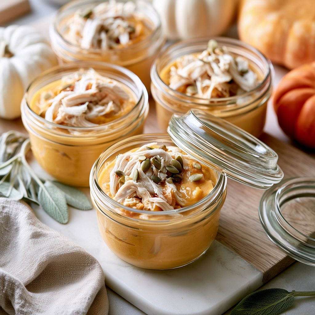 Creamy pumpkin chicken soup portioned into three glass meal prep containers