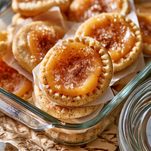 Glazed pumpkin pop tarts layered with parchment in a glass storage container