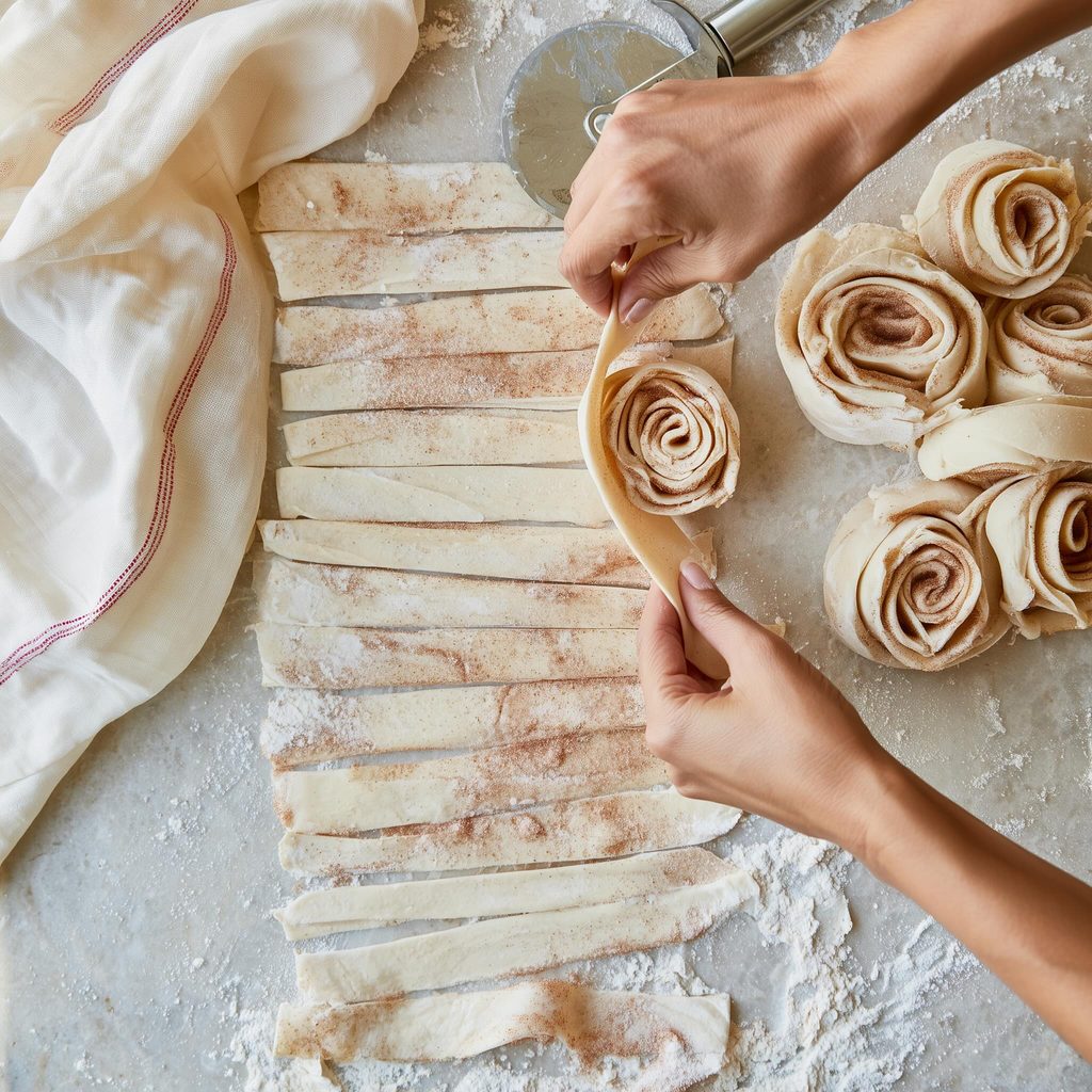 Hands rolling 1-inch strips of cinnamon sugar dough into individual cinnamon rolls