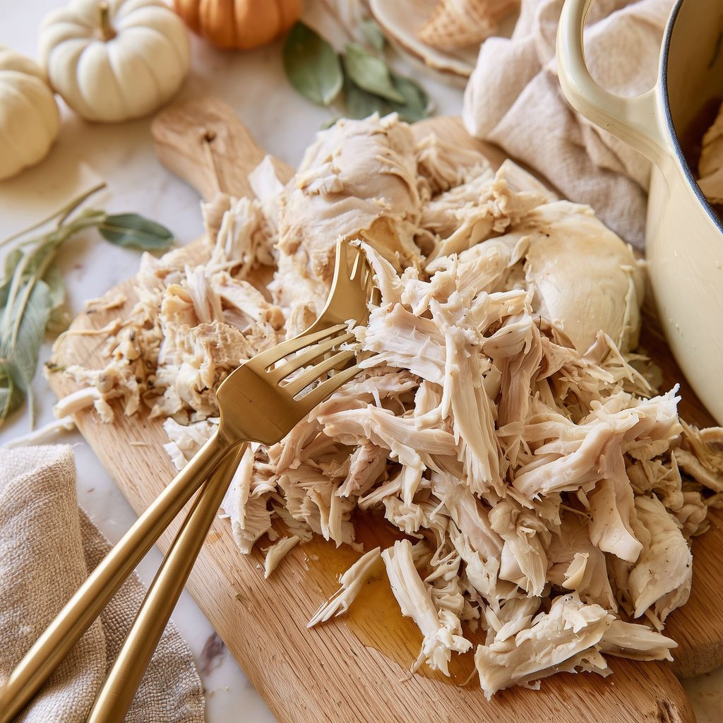 Cooked chicken breast shredded with two gold forks on an oak cutting board