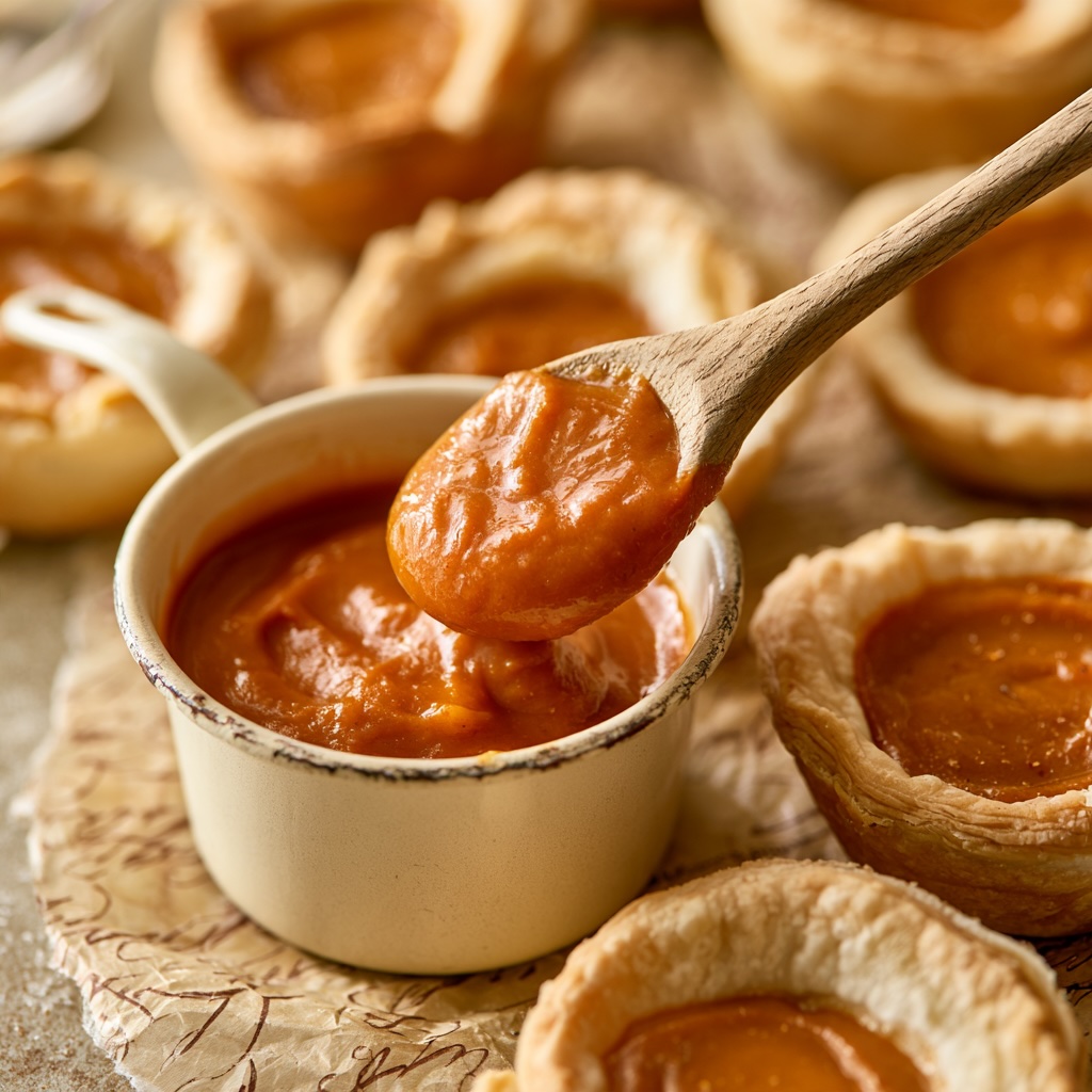 Thick spiced pumpkin filling in a small saucepan with a wooden spoon