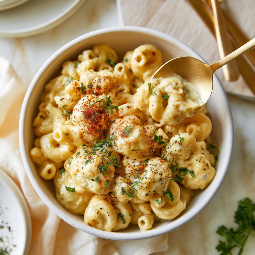 Gold serving spoon lifting a creamy scoop of cauliflower mac and cheese from a white dish