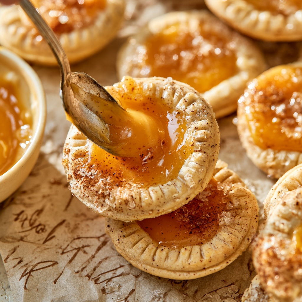 Spoon spreading thick orange spiced glaze on round pumpkin pop tarts